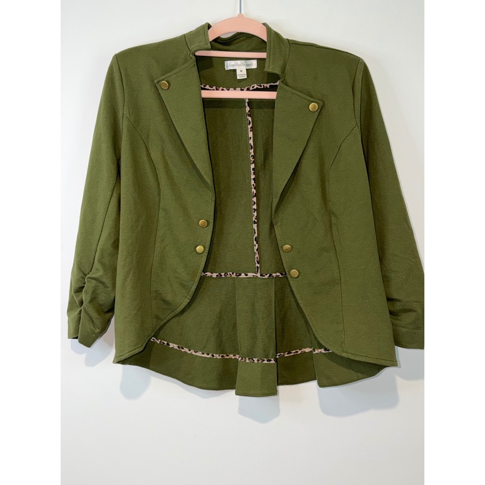 Olive Green Military Peplum Blazer Jacket Ruched 3/4 Sleeve Leopard Trim M